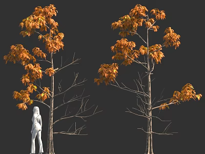 Autumn Trees With Orange Leaves And White Statue In Dark Background 3d model