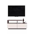 Modern TV Stand with Mounted TV Above Storage Cabinets and Decorative Accents