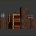 Wooden Scene Components Featuring Barrel Shaped And Box Shaped Textured Structures With Transparent Small Object 3d model
