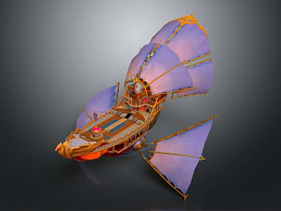 Cosmic Spaceship Artwork With Purple Orange Sails And Ornate Metallic Wooden Details 3d model