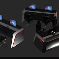 Modern Office Desk Setup With Dual Monitors Ergonomic Chairs And Red Accent Lights