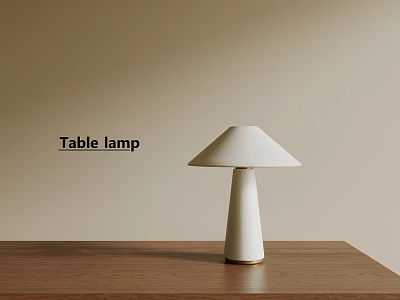Minimalist White Shade Table Lamp On Wooden Table With Beige Wall Background 3d model