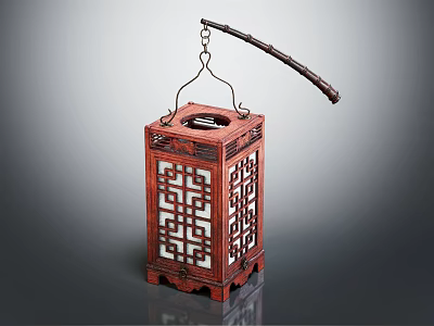 Traditional Chinese Wooden Lantern Furniture With Intricate Carved Lattice And Hanging Handle 3d model