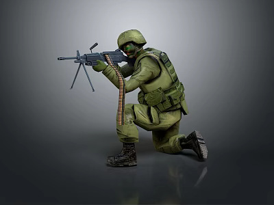 Military Soldier Kneeling In Green Uniform With Tripod Mounted Rifle Helmet And Goggles 3d model