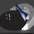 Futuristic Display Scene With Woman Standing Near Large Screen And Fan Shaped Device