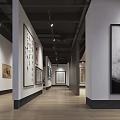 Antique Gallery Interior With Wooden Ceiling Hanging Lights And Artworks