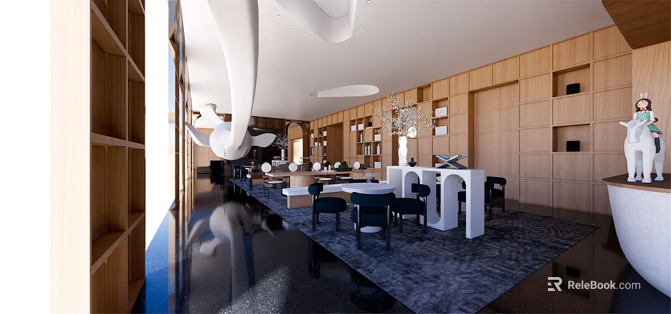 Modern Lounge Area With Wooden Walls Comfortable Seating And Dark Blue Rug 3d model 