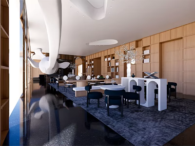 Modern Lounge Area With Wooden Walls Comfortable Seating And Dark Blue Rug 3d model