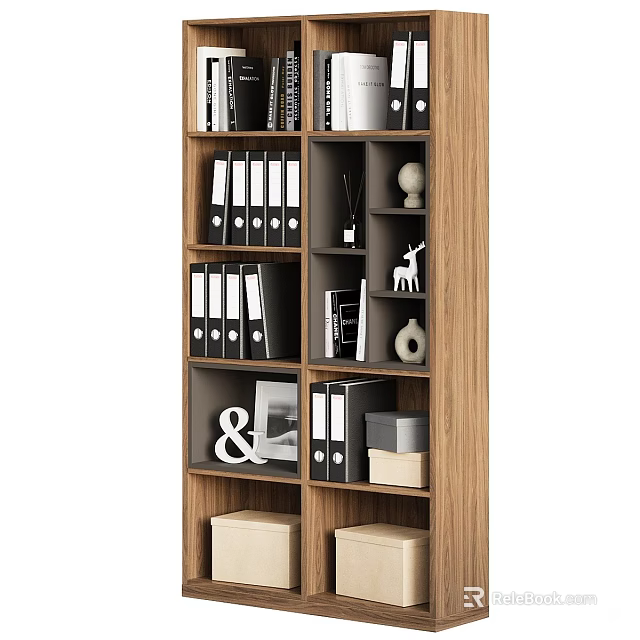 Organized Wooden Bookshelf With Multiple Black Folders And Decorative Items 3d model 