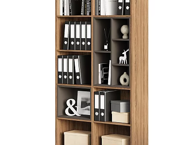 Organized Wooden Bookshelf With Multiple Black Folders And Decorative Items 3d model