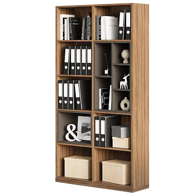 Organized Wooden Bookshelf With Multiple Black Folders And Decorative Items 3d model