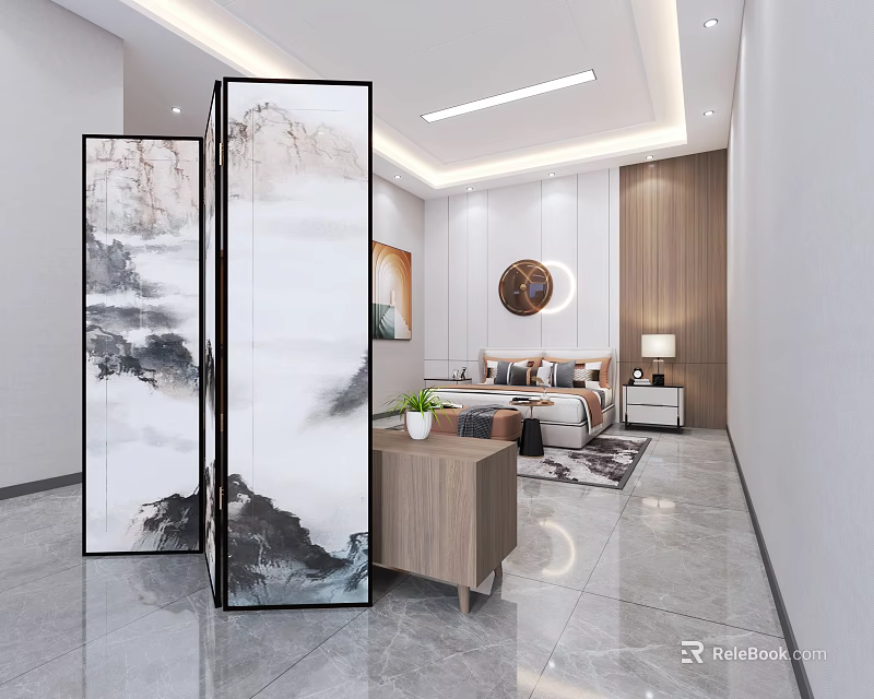 Modern Leisure Area Interior With Landscape Screen Sofa Coffee Table And Rug 3d model