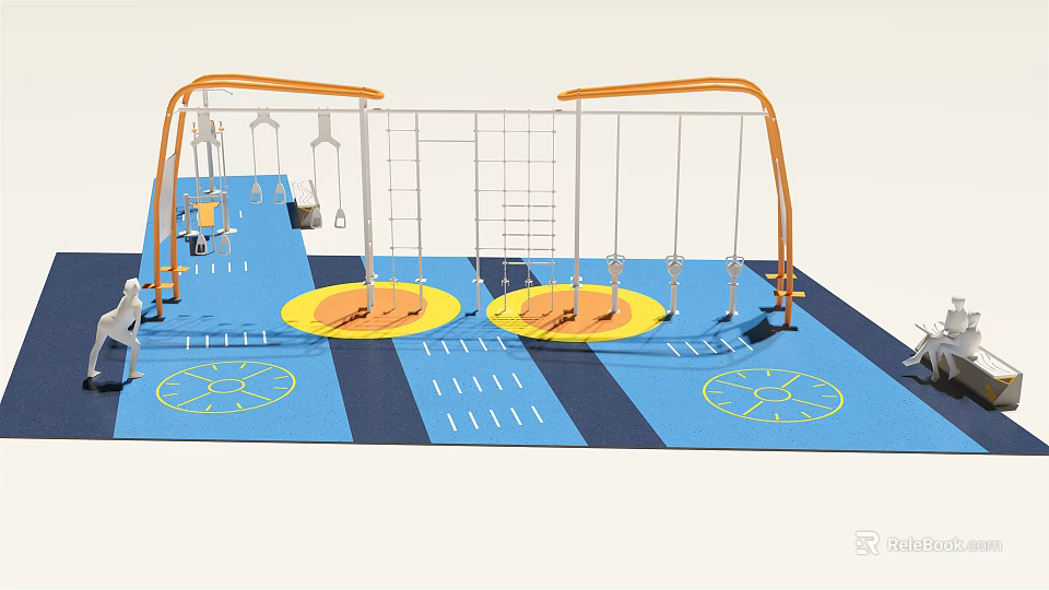 Outdoor Playground Equipment With Swings Climbing Frames Blue Surface And Yellow Platforms 3d model 