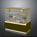 Assorted Desserts in Glass Display Case with Multiple Shelves and Golden Frame