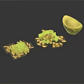 Golden Carved Sculptures in Various Shapes Including Ingot Container Granules and Sticks on Dark Background
