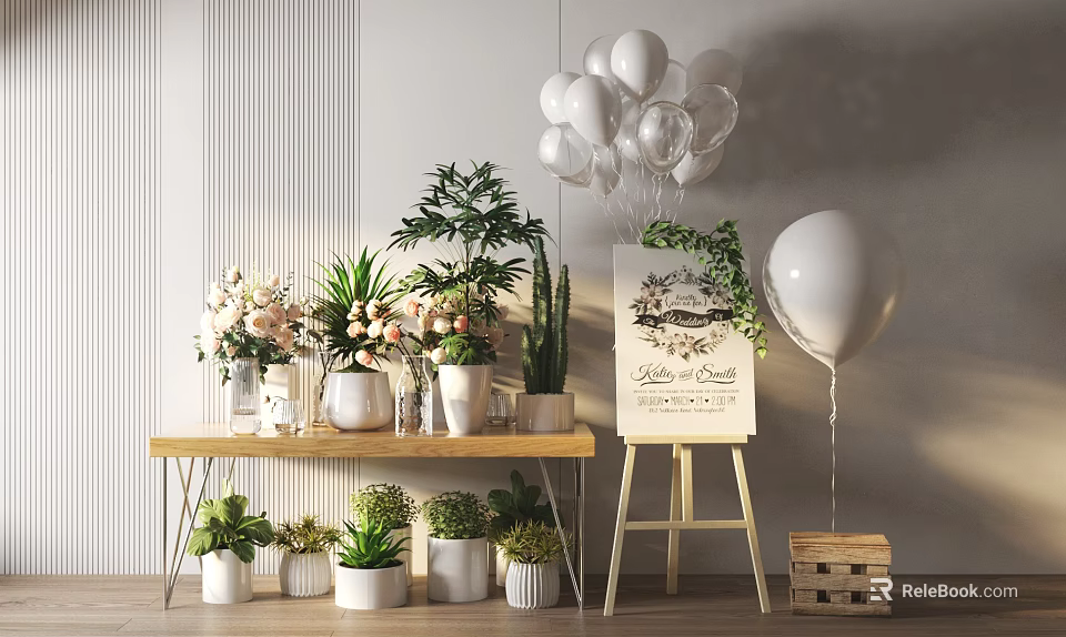 Assorted Potted Bonsai Plants Arranged On Wooden Table With Various Pots And Decorative Accents 3d model 