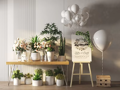Assorted Potted Bonsai Plants Arranged On Wooden Table With Various Pots And Decorative Accents 3d model