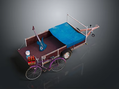 Vintage Street Vendor Tricycle Cart With Blue Canopy Guitar Drinks And Cup 3d model
