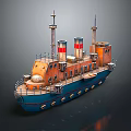 Classic Vintage Wooden Ship with Red Chimneys Blue Orange Hull Windows and Railings