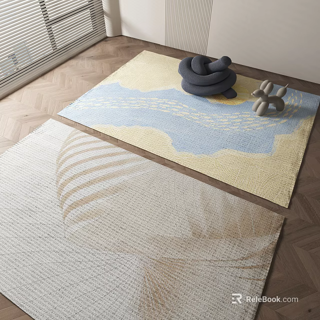 Square Rugs With Blue Yellow Wavy Patterns And Beige Leaf Textures For Modern Interior 3d model