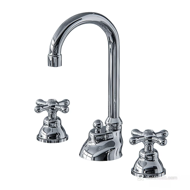 Chrome Bathroom Faucet With Two Cross Handles And Curved Spout Design 3d model 