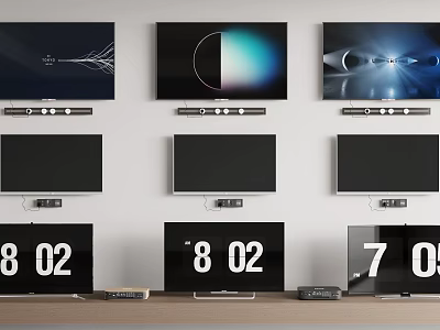 Various Televisions Wall Mounted And On Shelf Showcase With Digital Screens And Time 3d model