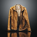 Brown Leather Jacket Open Showing Inner Lining Against Dark Background With Reflective Surface 3d model
