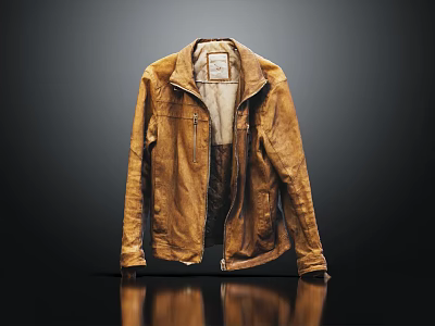 Brown Leather Jacket Open Showing Inner Lining Against Dark Background With Reflective Surface 3d model