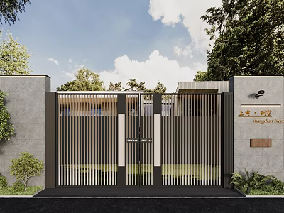 Modern Entrance Gate With Vertical Slats Design Gray Wall And Green Plants 3d model