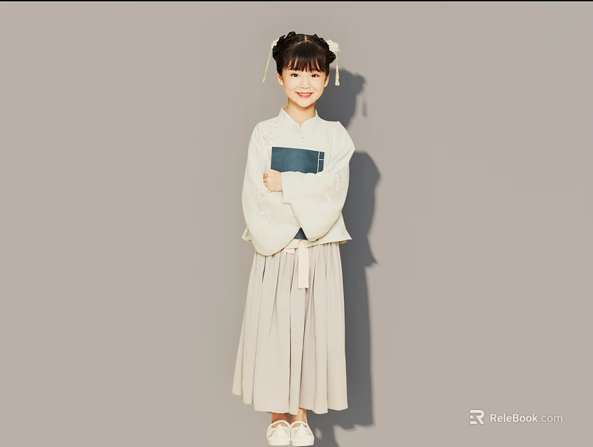 Girl in Traditional Hanfu with Double Buns Hairstyle Holding Blue Book Against Gray Background 3d model 