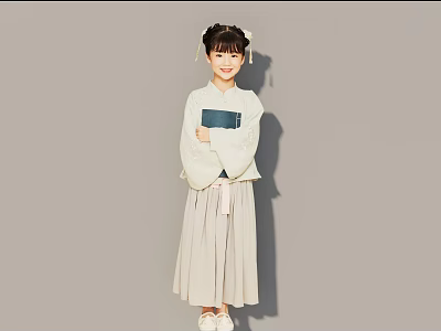 Girl in Traditional Hanfu with Double Buns Hairstyle Holding Blue Book Against Gray Background 3d model