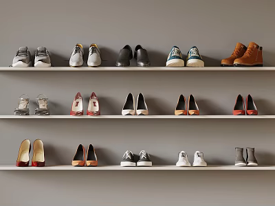 Different Colored Shoes in Various Styles Arranged Neatly on Gray Wall Shelves 3d model