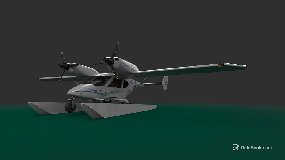 White Seaplane with Twin Propellers Floats and Blue Stripes on Green Surface 3d model 