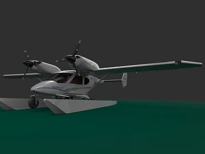White Seaplane with Twin Propellers Floats and Blue Stripes on Green Surface 3d model