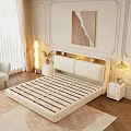 Modern Double Bed with LED Headboard Lights Cozy Blanket and Wall Art Painting