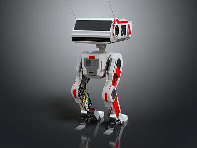 White And Red Robot With Mechanical Body Antennas And Display Screen Standing On Dark Background 3d model