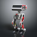 White And Red Robot With Mechanical Body Antennas And Display Screen Standing On Dark Background