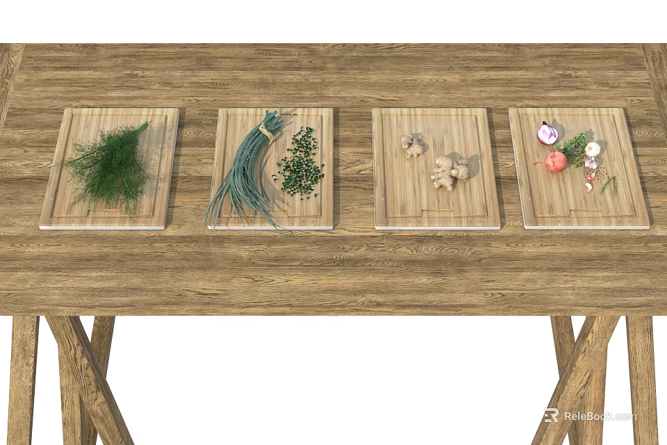 Fresh Vegetables and Herbs Arranged on Wooden Cutting Boards Over Rustic Table 3d model 
