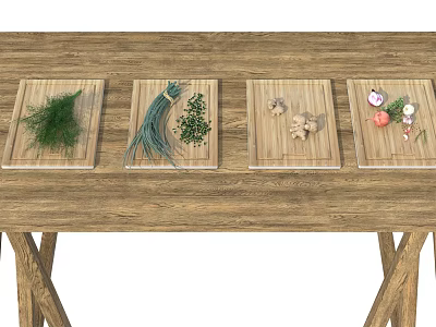 Fresh Vegetables and Herbs Arranged on Wooden Cutting Boards Over Rustic Table 3d model