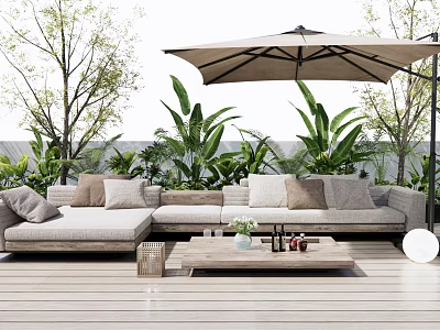 Outdoor Sofa with Soft Cushions on Wooden Deck Surrounded by Green Plants and Umbrella 3d model