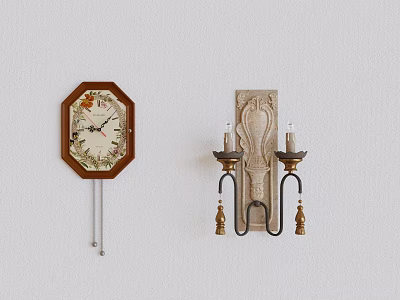 Decorative Wall Clock With Wooden Frame And Double Candle Wall Sconce On White Wall 3d model