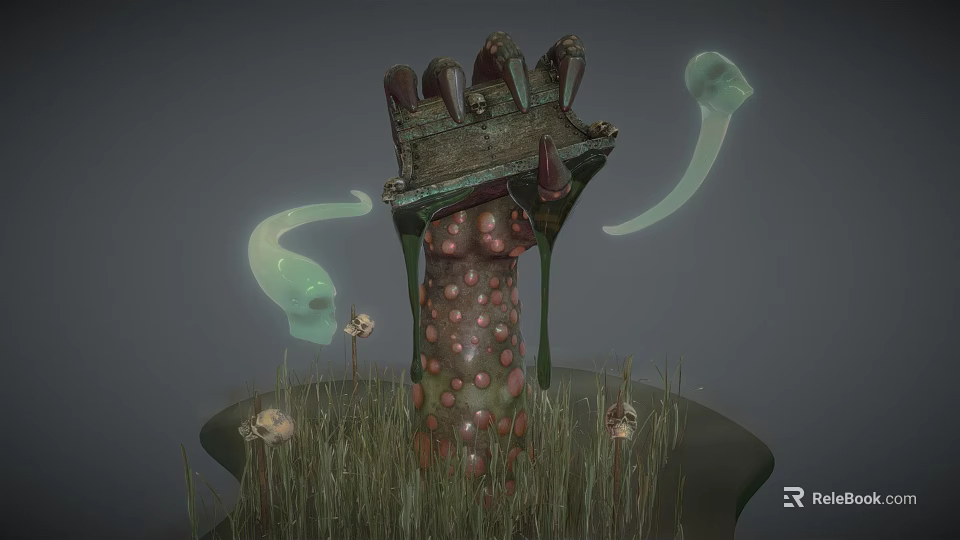 Cartoon Scene Featuring Mysterious Spotted Creature Broken Structure Green Ghosts Grass Mushrooms And Skull 3d model 