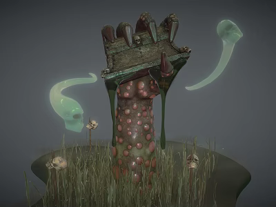 Cartoon Scene Featuring Mysterious Spotted Creature Broken Structure Green Ghosts Grass Mushrooms And Skull 3d model