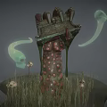Cartoon Scene Featuring Mysterious Spotted Creature Broken Structure Green Ghosts Grass Mushrooms And Skull