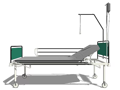 Adjustable Mobile Medical Bed With Green Side Rails And IV Pole For Hospital Use 3d model