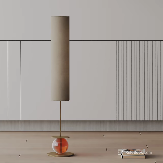 Modern Minimalist Floor Lamp With Beige Fabric Shade And Red Metal Base On Wooden Floor 3d model 