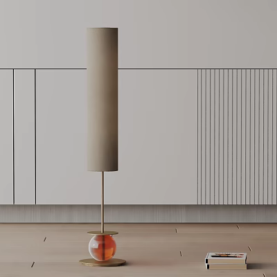 Modern Minimalist Floor Lamp With Beige Fabric Shade And Red Metal Base On Wooden Floor 3d model