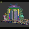 Teal Decorative Gate With Golden Door Carved Decorations Purple Corals Fish And Dark Blue Base
