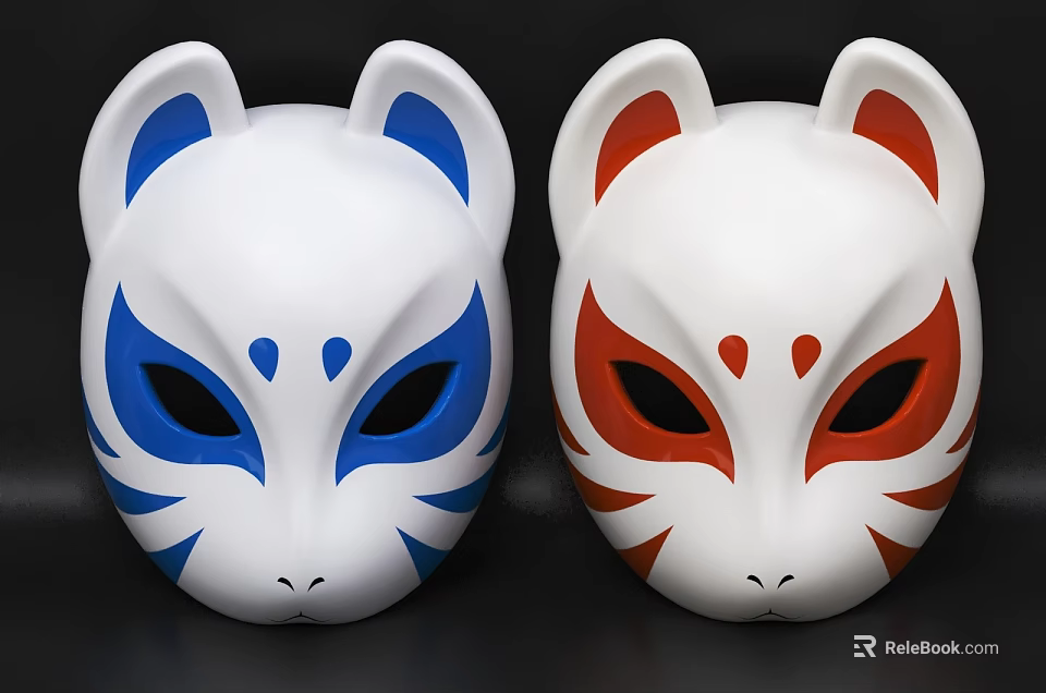 Two Fox Masks With Blue And Red Decorations On White Base 3d model 