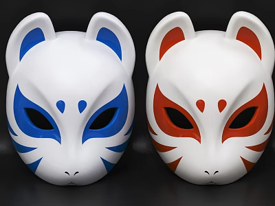Two Fox Masks With Blue And Red Decorations On White Base 3d model